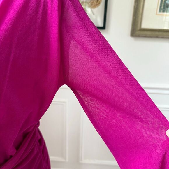Fuzzi Italy Magenta Fuchsia Fluid Mesh Tulle Midi Long Sleeve Dress $450 20 - Picture 6 of 9